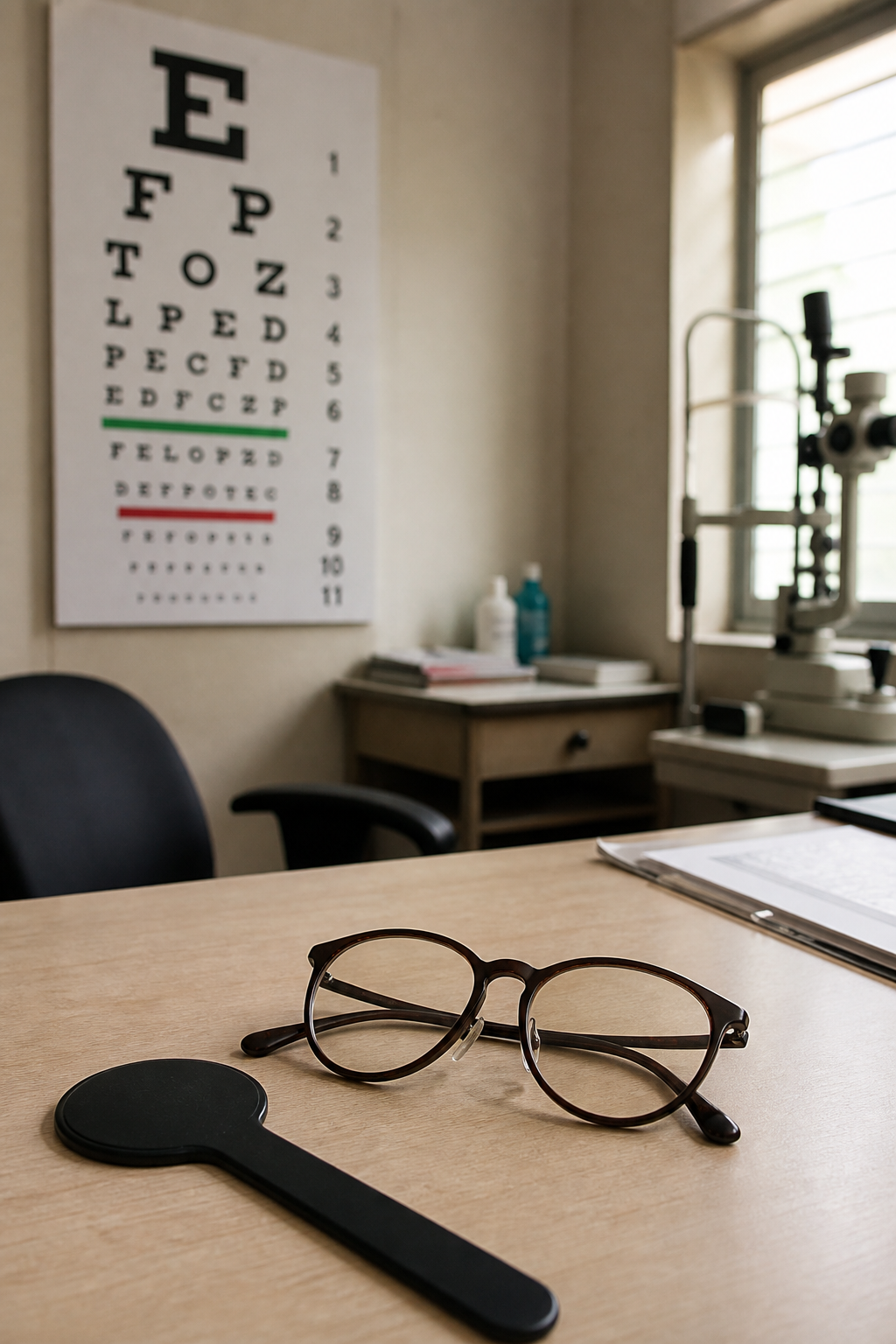 Prescription glasses and vision-testing equipment on an optometry desk